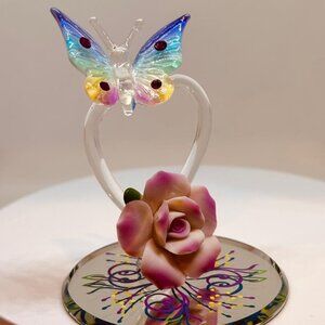 Glass Butterfly Heart Figurine on Mirror Handcrafted Gift Decor